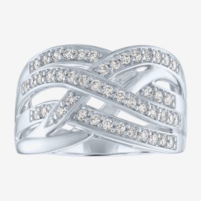 (G-H / Si2-I1) Womens 1/2 CT. T.W. Lab Grown White Diamond Sterling Silver Crossover Cocktail Ring