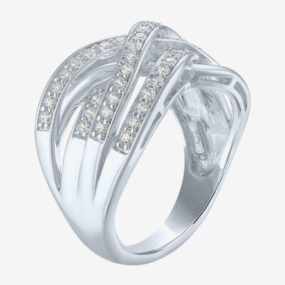 (G-H / Si2-I1) Womens 1/2 CT. T.W. Lab Grown White Diamond Sterling Silver Crossover Cocktail Ring