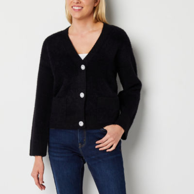 Liz Claiborne Womens V Neck Long Sleeve Button Cardigan, Color Black JCPenney