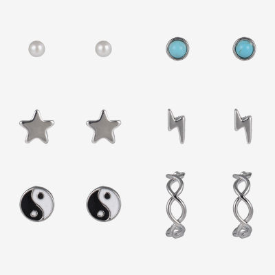 Arizona Silver Tone Womens Star Yin Yang 6 Pair Earring Set