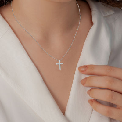 Yes, Please!, (G/I2) Womens 1/10 CT. T.W. Lab Grown White Diamond Sterling Silver Cross 18 Inch Pendant Necklace