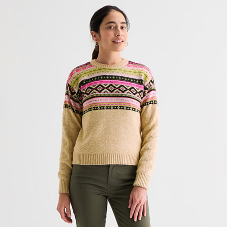 St. John's Bay Womens Crew Neck Long Sleeve Striped Pullover Sweater In Neutral