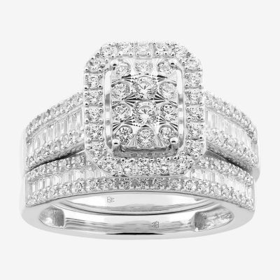 Signature By Modern Bride Womens 1 CT. T.W. Natural White Diamond 10K White Gold Side Stone Halo Bridal Set