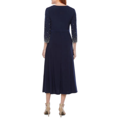 MSK 3/4 Sleeve Beaded Midi Fit + Flare Dress