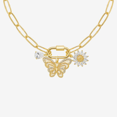 Sparkle Allure Carabiner Charm Womens White Cubic Zirconia 14K Gold Over Brass Butterfly Flower Paperclip 18 Inch Pendant Necklace