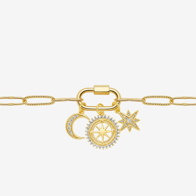 Sparkle Allure Carabiner Charm Womens White Cubic Zirconia 14K Gold Over Brass Moon Paperclip Star 18 Inch Pendant Necklace