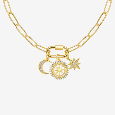 Sparkle Allure Carabiner Charm Womens White Cubic Zirconia 14K Gold Over Brass Moon Paperclip Star 18 Inch Pendant Necklace