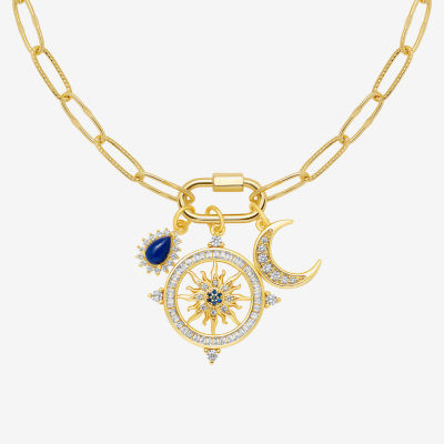 Sparkle Allure Carabiner Charm Womens Blue Cubic Zirconia 14K Gold Over Brass Moon Paperclip Sunburst 18 Inch Pendant Necklace