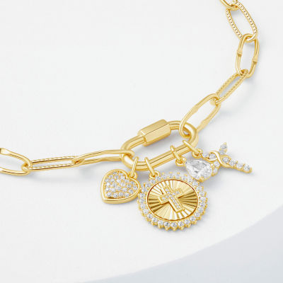 Sparkle Allure Carabiner Womens White Cubic Zirconia 14K Gold Over Brass Cross Heart Charm Bracelet