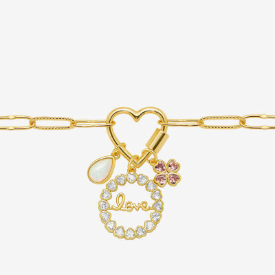 Sparkle Allure Love Carabiner Cubic Zirconia 14K Gold Over Brass 7.5 Inch Paperclip Flower Charm Bracelet