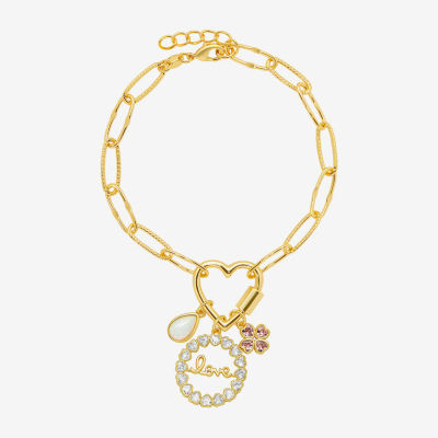 Sparkle Allure Love Carabiner Cubic Zirconia 14K Gold Over Brass 7.5 Inch Paperclip Flower Charm Bracelet