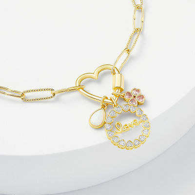 Sparkle Allure Love Carabiner Womens Pink Cubic Zirconia 14K Gold Over Brass Flower Charm Bracelet