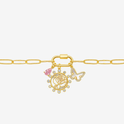 Sparkle Allure Carabiner Cubic Zirconia 14K Gold Over Brass 7.5 Inch Paperclip Butterfly Flower Charm Bracelet