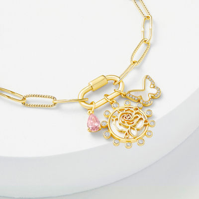 Sparkle Allure Carabiner Womens Purple Cubic Zirconia 14K Gold Over Brass Butterfly Flower Charm Bracelet