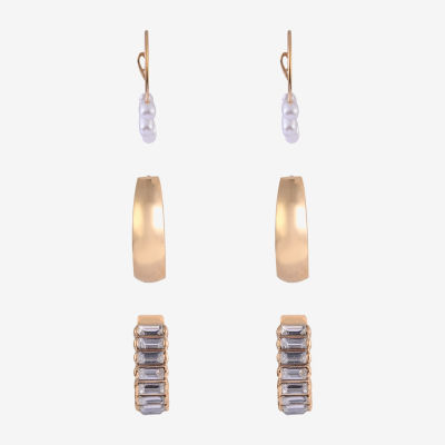 Arizona Gold Tone Womens Simulated Pearl 3 Pair Earring Set