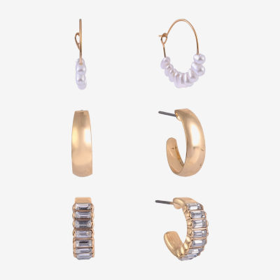 Arizona Gold Tone Womens Simulated Pearl 3 Pair Earring Set