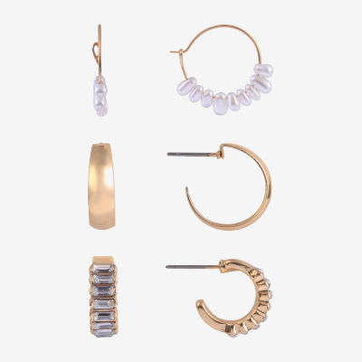Arizona Gold Tone Womens Simulated Pearl 3 Pair Earring Set