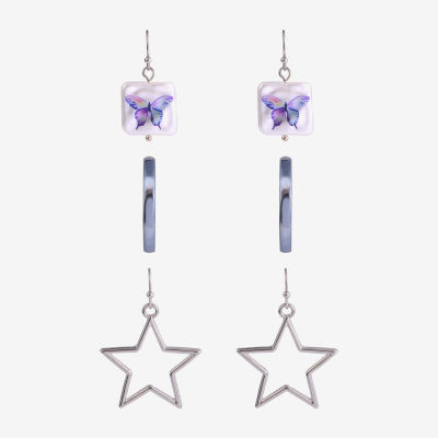 Arizona Silver Tone 3 Pair Simulated Pearl Butterfly Star Earring Set