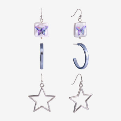Arizona Silver Tone Womens Simulated Pearl Butterfly Star 3 Pair Earring Set