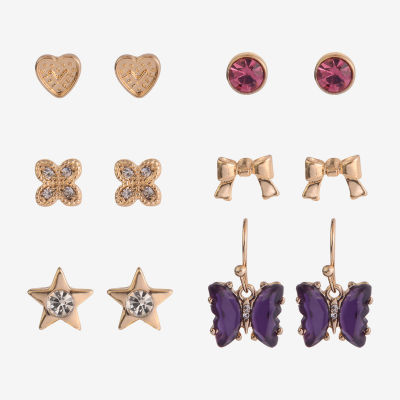 Arizona Gold Tone Womens Bow Butterfly Heart 6 Pair Earring Set