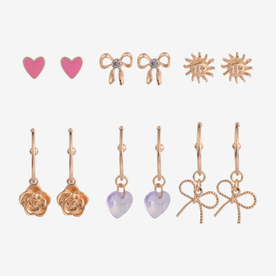 Arizona Gold Tone Womens Bow Flower Heart 6 Pair Earring Set
