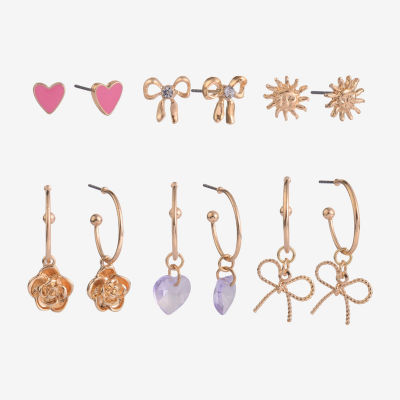 Arizona Gold Tone Womens Bow Flower Heart 6 Pair Earring Set