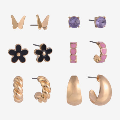 Arizona Gold Tone Womens Butterfly Flower Heart 6 Pair Earring Set