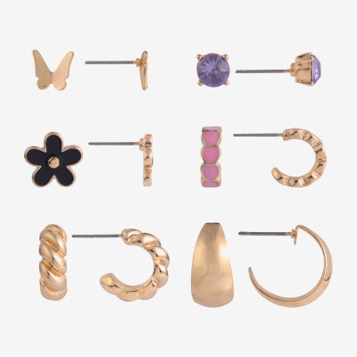 Arizona Gold Tone Womens Butterfly Flower Heart 6 Pair Earring Set