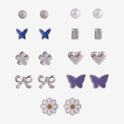 Arizona Silver Tone 9 Pair Simulated Pearl Butterfly Flower Heart Earring Set