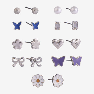 Arizona Silver Tone 9 Pair Simulated Pearl Butterfly Flower Heart Earring Set