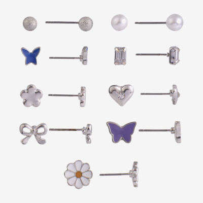 Arizona Silver Tone 9 Pair Simulated Pearl Butterfly Flower Heart Earring Set