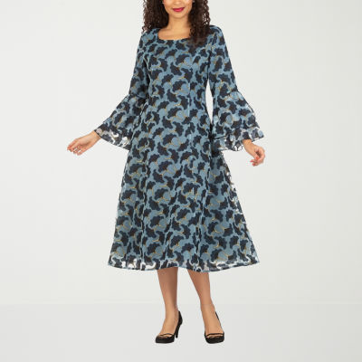 Giovanna Signature Womens Long Sleeve Leaf Midi A-Line Dress