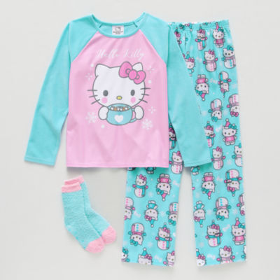Girls Hello Kitty Microfleece Round Neck Long Sleeve 3-pc. Pajama Sets