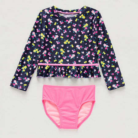 Okie Dokie Girls Floral Rash Guard Set, 5t, Blue