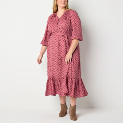 Ryegrass Womens Plus 3/4 Sleeve Dots Midi Maxi Dress