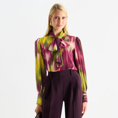 Worthington Womens Split Tie Neck Long Sleeve Blouse