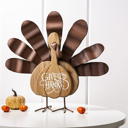 Glitzhome Wooden Metal Turkey Thanksgiving Tabletop Decor, One Size, Brown