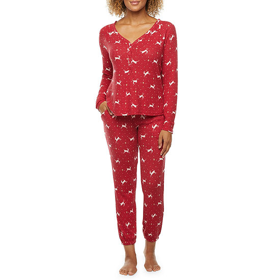 Ambrielle Womens V-Neck Long Sleeve 2-pc. Pant Pajama Set