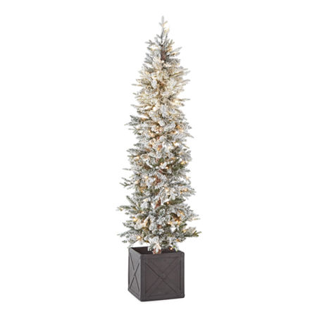 North Pole Trading Co. 7' Potted Burlington Fir Pre-Lit Flocked Christmas Tree, One Size , White