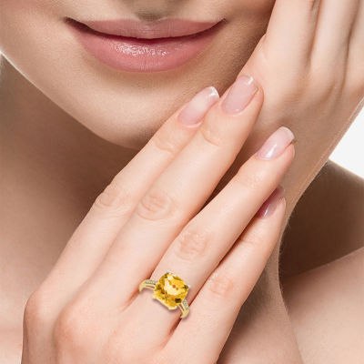 Effy  Womens Diamond Accent Genuine Orange Citrine 14K Gold Cushion Side Stone Solitaire Cocktail Ring