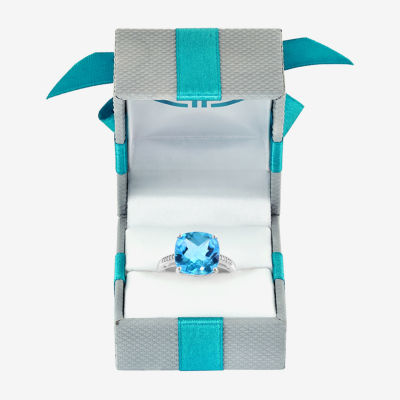 Effy  Womens Diamond Accent Genuine Blue Topaz 14K White Gold Cushion Side Stone Cocktail Ring