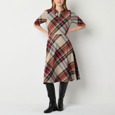 R & K Originals Plaid Womens Elbow Sleeve Fit + Flare Dress