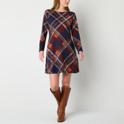 R & K Originals Womens Long Sleeve Plaid Shift Dress