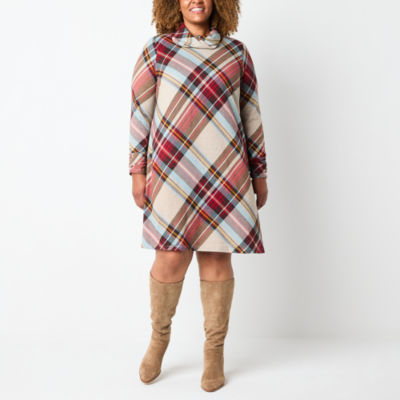 R & K Originals Plaid Womens Plus Long Sleeve Shift Dress