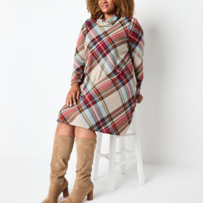 R & K Originals Plaid Womens Plus Long Sleeve Shift Dress