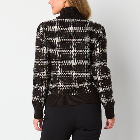 Liz Claiborne Womens Mock Neck Long Sleeve Plaid Pullover Sweater, Small, Black