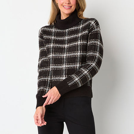 Liz Claiborne Womens Mock Neck Long Sleeve Plaid Pullover Sweater, Small, Black