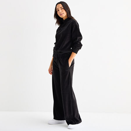 Reebok Womens High Rise Velour Wide Leg Sweatpant, Medium, Black