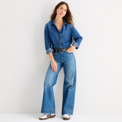 a.n.a Womens Cuffed Long Sleeve Regular Fit Button-Down Shirt