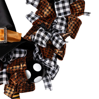 Orange and Black Witch with Bows Halloween Wreath  24-Inch  Unlit